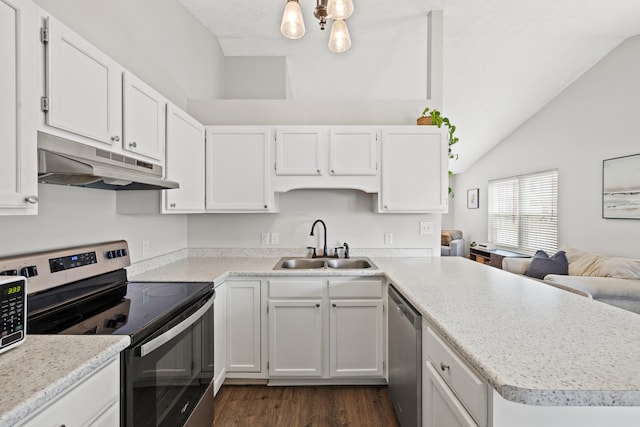 155 Barren River Blvd, Georgetown, KY 40324 - kitchen with stainless steel appliances, under cabinet range hood, vaulted ceiling, dark wood-style flooring, and white cabinetry