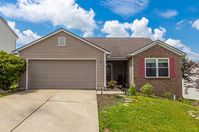 4026 Briar Creek Dr, Lawrenceburg, KY 40342 - ranch-style house featuring driveway, a garage, brick siding, a front yard, and a shingled roof