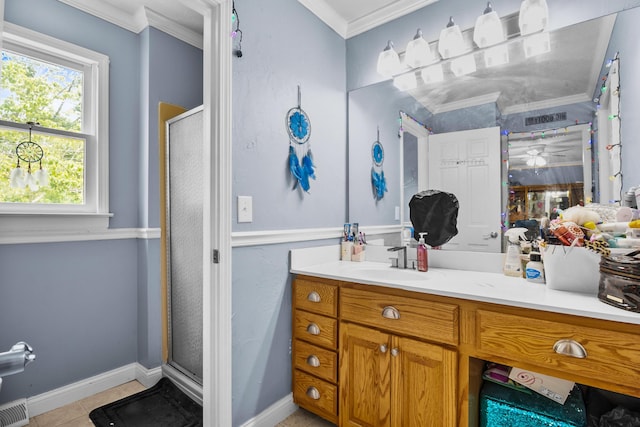 168 Perry Ln, London, KY 40741 - bathroom with ornamental molding, vanity, a shower stall, and tile patterned flooring