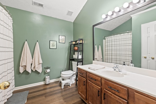 821 White Wood Flt, Lexington, KY 40511 - bathroom featuring wood finished floors, vanity, lofted ceiling, a shower with shower curtain, and a textured ceiling