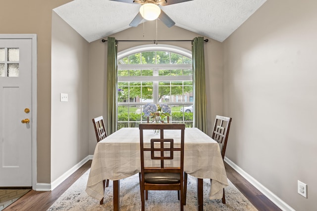 821 White Wood Flt, Lexington, KY 40511 - dining room featuring dark wood-type flooring, vaulted ceiling, and ceiling fan