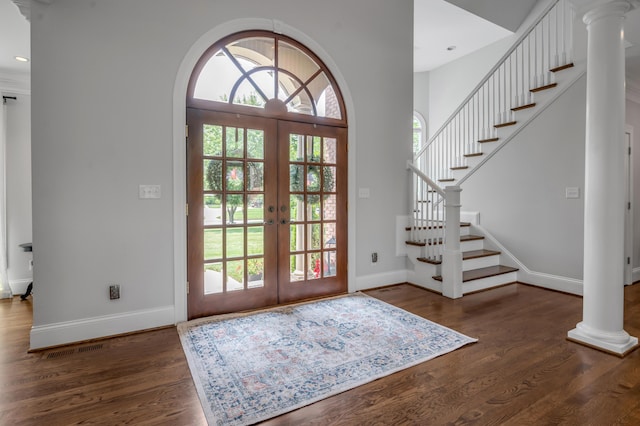 103 Windridge Dr, Nicholasville, KY 40356 - entryway featuring french doors, wood finished floors, stairway, decorative columns, and recessed lighting