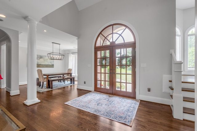 103 Windridge Dr, Nicholasville, KY 40356 - foyer featuring wood finished floors, ornate columns, french doors, recessed lighting, and arched walkways