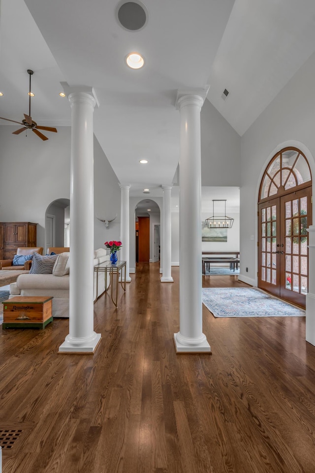103 Windridge Dr, Nicholasville, KY 40356 - foyer entrance with ceiling fan, decorative columns, arched walkways, high vaulted ceiling, and french doors