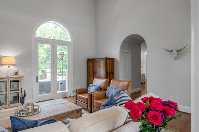 103 Windridge Dr, Nicholasville, KY 40356 - living room with a towering ceiling, arched walkways, and wood finished floors