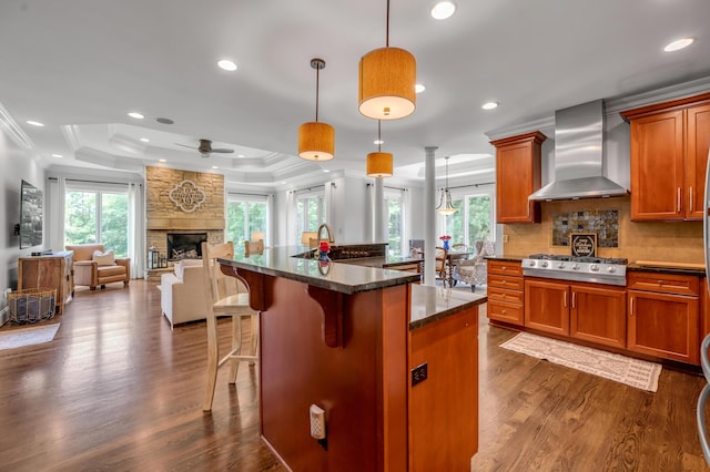 103 Windridge Dr, Nicholasville, KY 40356 - kitchen featuring wall chimney range hood, stainless steel gas stovetop, a tray ceiling, dark wood-type flooring, and open floor plan
