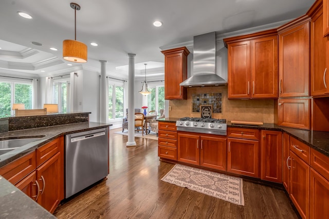 103 Windridge Dr, Nicholasville, KY 40356 - kitchen featuring wall chimney range hood, stainless steel appliances, decorative columns, ornamental molding, and healthy amount of natural light