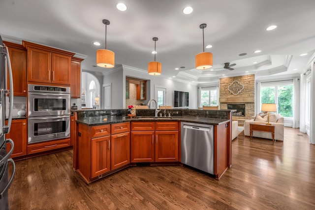 103 Windridge Dr, Nicholasville, KY 40356 - kitchen with appliances with stainless steel finishes, a raised ceiling, crown molding, open floor plan, and a stone fireplace