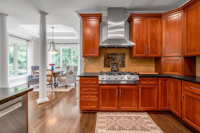 103 Windridge Dr, Nicholasville, KY 40356 - kitchen featuring wall chimney exhaust hood, stainless steel appliances, ornate columns, crown molding, and healthy amount of natural light