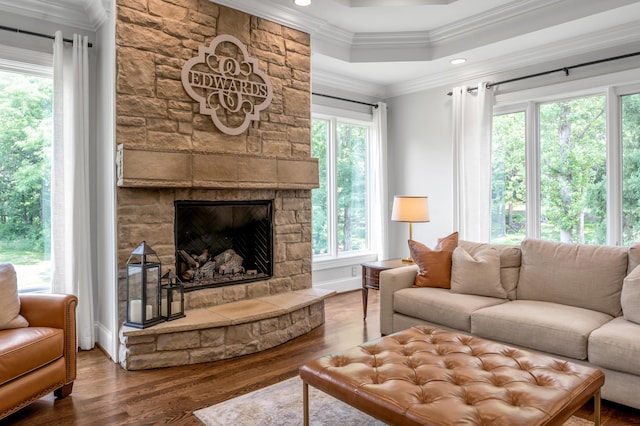 103 Windridge Dr, Nicholasville, KY 40356 - living area featuring wood finished floors, healthy amount of natural light, crown molding, a stone fireplace, and recessed lighting