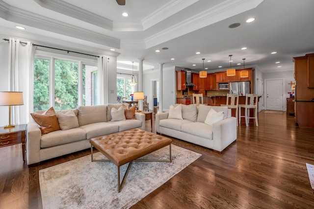 103 Windridge Dr, Nicholasville, KY 40356 - living area featuring ornamental molding, recessed lighting, dark wood-style floors, and a raised ceiling