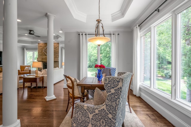 103 Windridge Dr, Nicholasville, KY 40356 - dining space featuring a raised ceiling, ornate columns, wood finished floors, and crown molding