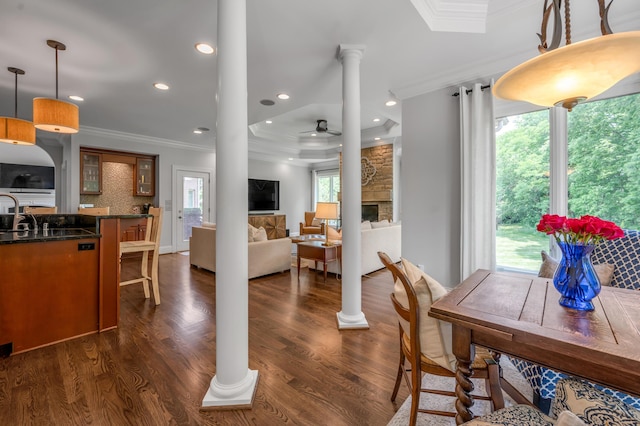 103 Windridge Dr, Nicholasville, KY 40356 - dining room featuring ornamental molding, dark wood-style floors, a ceiling fan, ornate columns, and recessed lighting