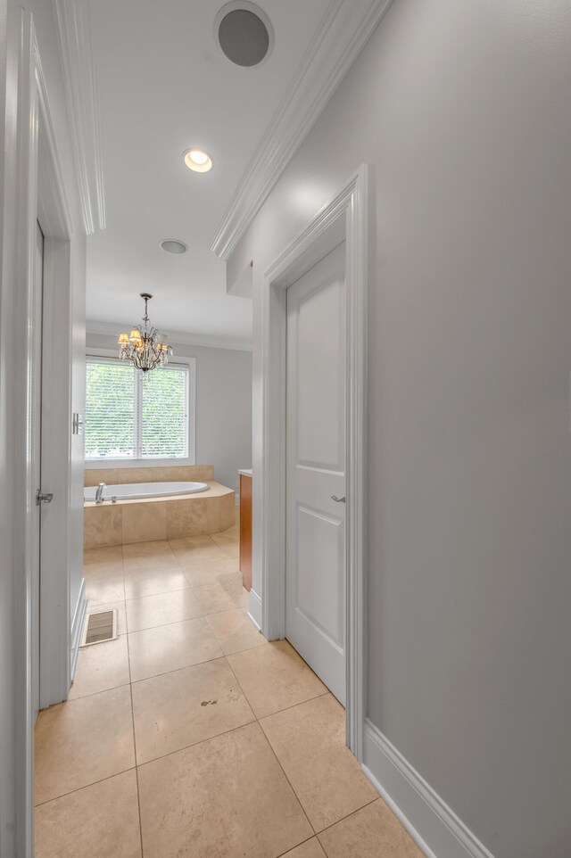 103 Windridge Dr, Nicholasville, KY 40356 - hall featuring ornamental molding, a chandelier, light tile patterned flooring, and recessed lighting