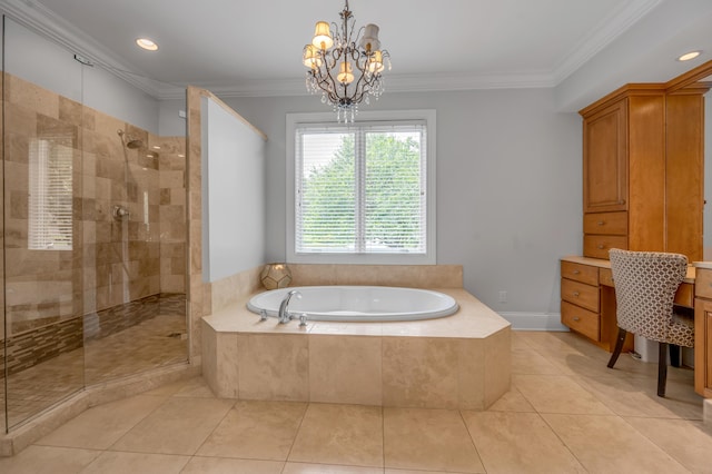 103 Windridge Dr, Nicholasville, KY 40356 - bathroom with a garden tub, tiled shower, tile patterned flooring, ornamental molding, and a chandelier