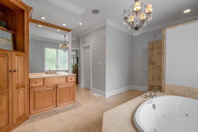 103 Windridge Dr, Nicholasville, KY 40356 - bathroom with a chandelier, a tub with jets, crown molding, vanity, and tile patterned floors