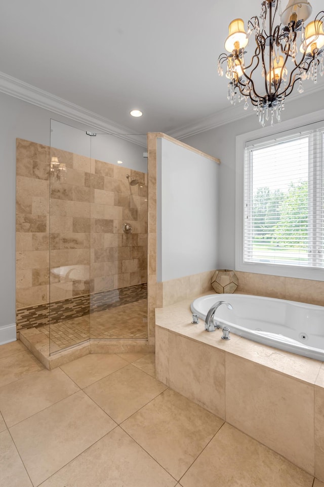 103 Windridge Dr, Nicholasville, KY 40356 - bathroom featuring ornamental molding, a whirlpool tub, walk in shower, a chandelier, and tile patterned floors