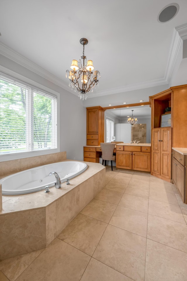 103 Windridge Dr, Nicholasville, KY 40356 - full bath with a chandelier, vanity, crown molding, a garden tub, and tile patterned flooring