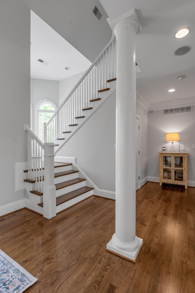 103 Windridge Dr, Nicholasville, KY 40356 - staircase with decorative columns, wood finished floors, crown molding, and recessed lighting