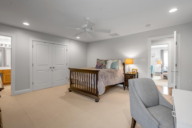 103 Windridge Dr, Nicholasville, KY 40356 - bedroom with light carpet, recessed lighting, ceiling fan, and ensuite bath