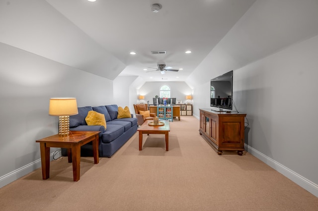 103 Windridge Dr, Nicholasville, KY 40356 - living room with light carpet, lofted ceiling, recessed lighting, and ceiling fan