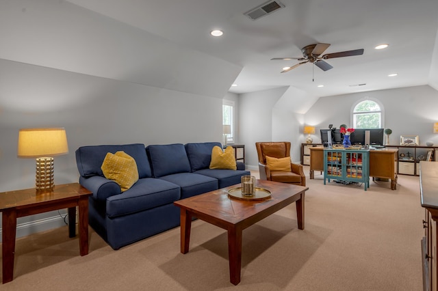 103 Windridge Dr, Nicholasville, KY 40356 - living area with a desk, light carpet, a ceiling fan, recessed lighting, and vaulted ceiling