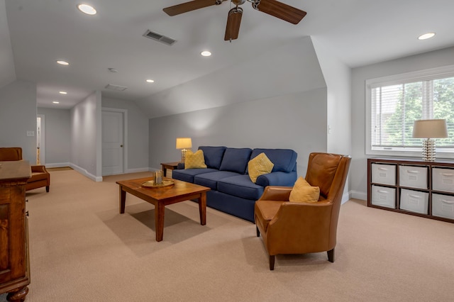 103 Windridge Dr, Nicholasville, KY 40356 - living room featuring light colored carpet, vaulted ceiling, a ceiling fan, and recessed lighting