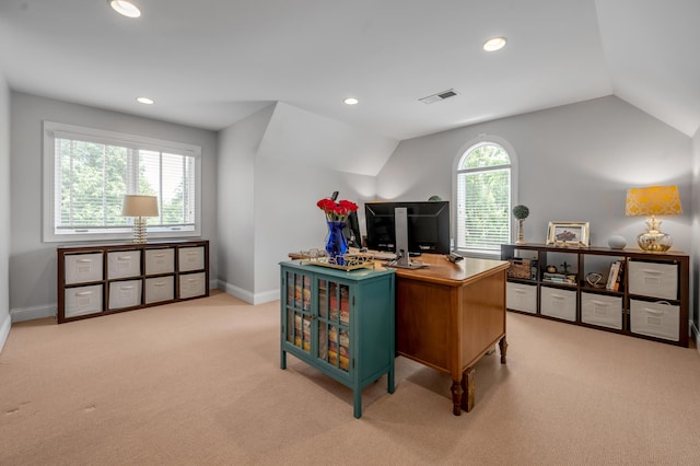 103 Windridge Dr, Nicholasville, KY 40356 - home office featuring vaulted ceiling, light carpet, and recessed lighting