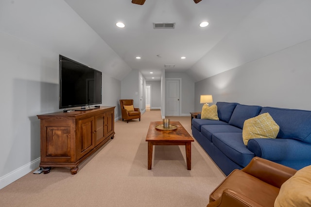 103 Windridge Dr, Nicholasville, KY 40356 - living room with light colored carpet, lofted ceiling, ceiling fan, and recessed lighting