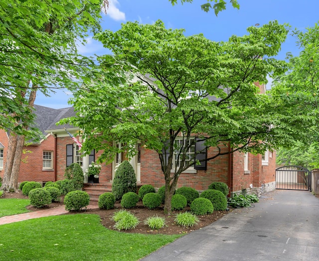 341 Kingsway Dr, Lexington, KY 40502 - view of property hidden behind natural elements with a gate, brick siding, and a front yard