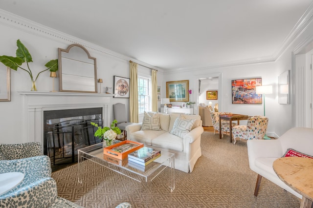 341 Kingsway Dr, Lexington, KY 40502 - carpeted living room featuring crown molding and a fireplace