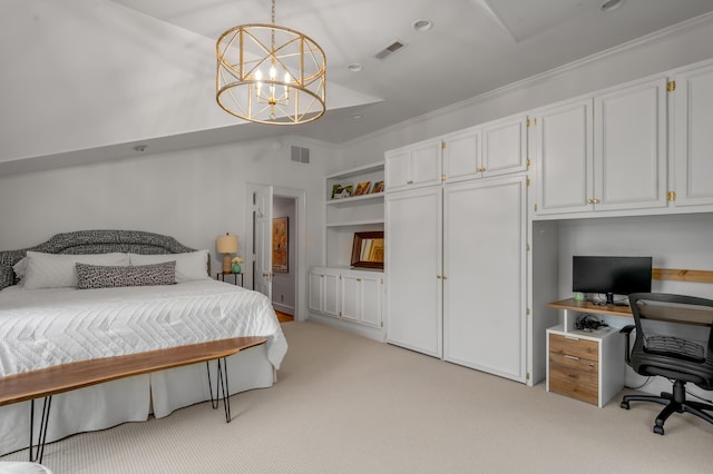 341 Kingsway Dr, Lexington, KY 40502 - bedroom featuring light carpet, a chandelier, an office area, and crown molding