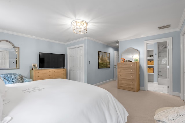 341 Kingsway Dr, Lexington, KY 40502 - carpeted bedroom featuring ornamental molding, ensuite bathroom, a chandelier, and a closet