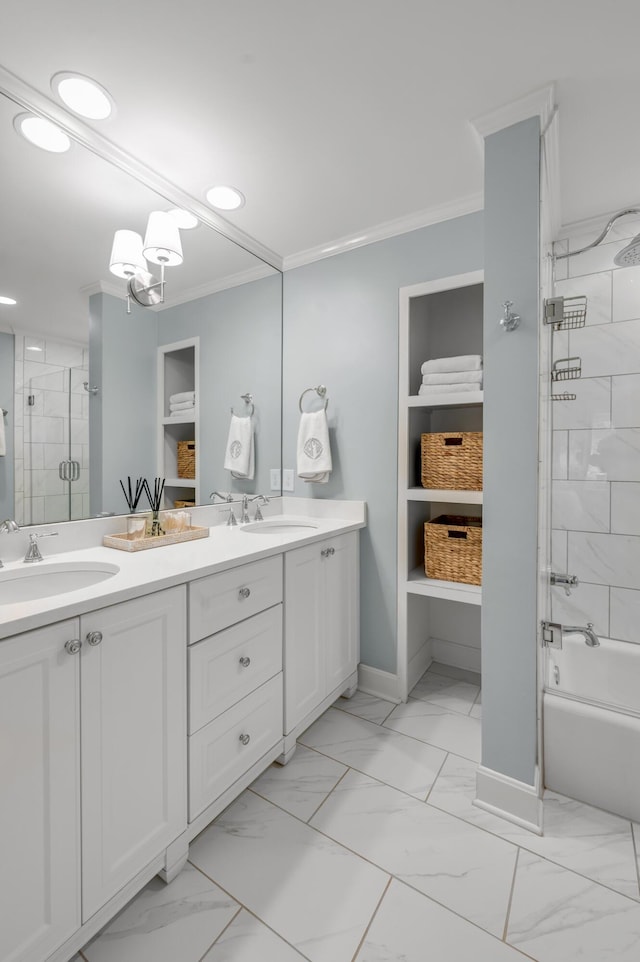 341 Kingsway Dr, Lexington, KY 40502 - full bathroom featuring double vanity, ornamental molding, marble finish floors, shower / bath combination with glass door, and recessed lighting