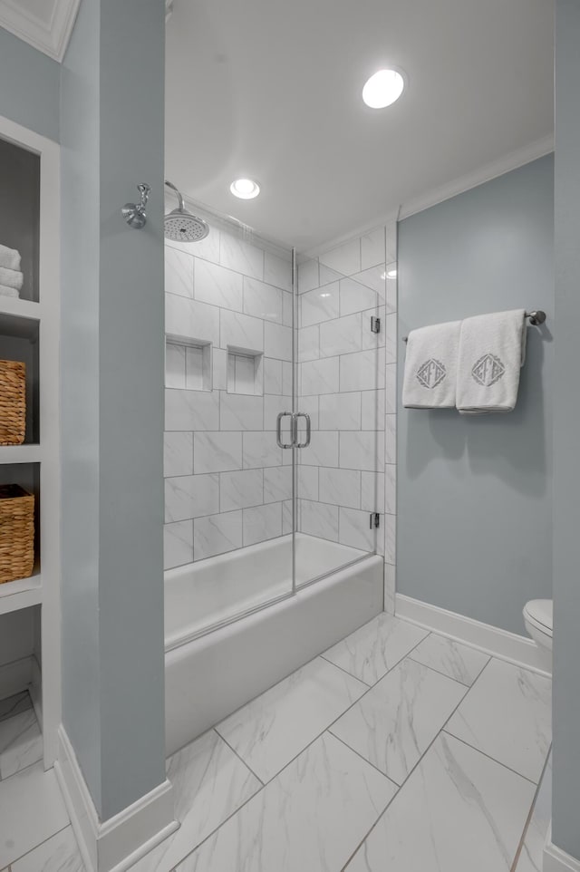 341 Kingsway Dr, Lexington, KY 40502 - full bath with marble finish flooring, ornamental molding, shower / bath combination with glass door, and recessed lighting