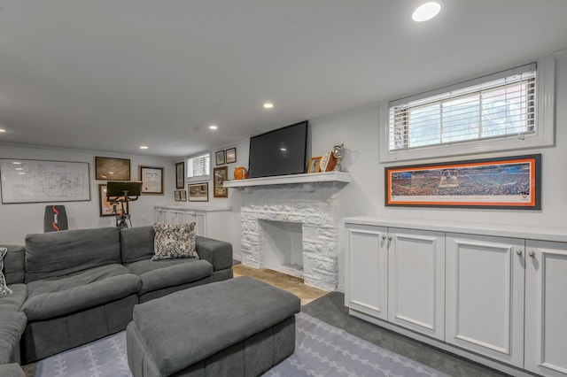 341 Kingsway Dr, Lexington, KY 40502 - living area with recessed lighting and a stone fireplace