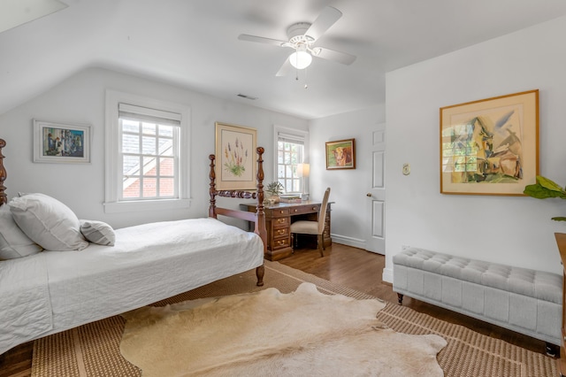 341 Kingsway Dr, Lexington, KY 40502 - bedroom with wood finished floors, a ceiling fan, and lofted ceiling