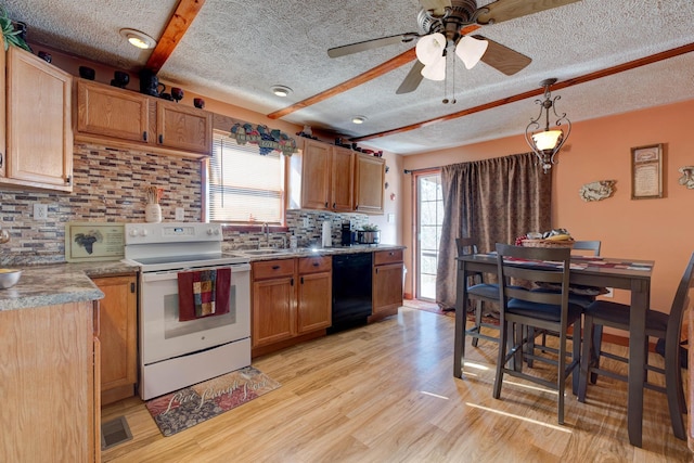 69 Side Run Rd, Wellington, KY 40387 - kitchen featuring white electric stove, black dishwasher, light wood-type flooring, a textured ceiling, and backsplash