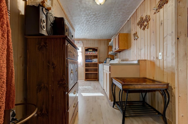 69 Side Run Rd, Wellington, KY 40387 - kitchen with wood walls, light wood finished floors, and an ornate ceiling