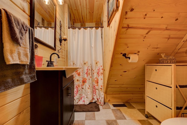 69 Side Run Rd, Wellington, KY 40387 - full bath with vanity, wood walls, curtained shower, and wooden ceiling