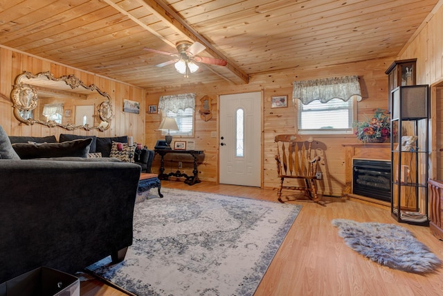 69 Side Run Rd, Wellington, KY 40387 - living area with wooden walls, a wooden ceiling with exposed beams, a ceiling fan, and light wood-style floors