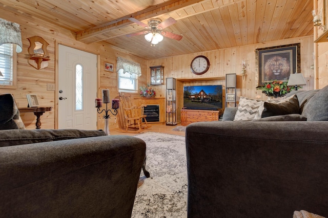 69 Side Run Rd, Wellington, KY 40387 - living area with wooden walls, wooden ceiling, a fireplace, wood finished floors, and ceiling fan