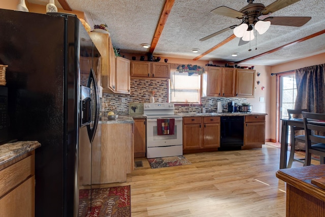 69 Side Run Rd, Wellington, KY 40387 - kitchen featuring black appliances, a textured ceiling, ceiling fan, backsplash, and light wood-style floors
