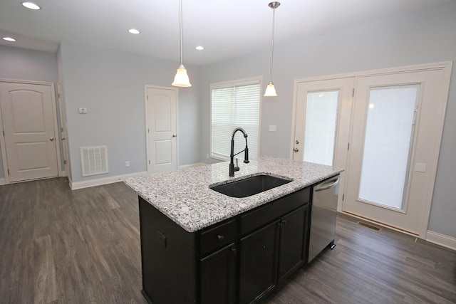 101 Corolla Cir, Georgetown, KY 40324 - kitchen featuring stainless steel dishwasher, dark wood-style flooring, dark cabinets, pendant lighting, and recessed lighting