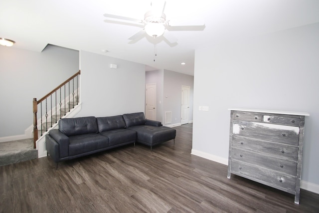 101 Corolla Cir, Georgetown, KY 40324 - living room featuring wood finished floors, a ceiling fan, stairway, and recessed lighting