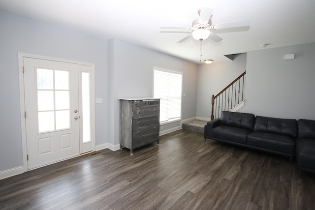 101 Corolla Cir, Georgetown, KY 40324 - living room featuring stairs, dark wood-type flooring, and a ceiling fan