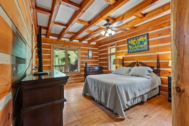 1836 Red Lick Rd, Berea, KY 40403 - bedroom with wooden walls, beam ceiling, light wood-type flooring, and coffered ceiling