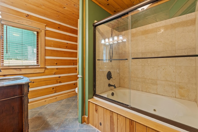 1836 Red Lick Rd, Berea, KY 40403 - bathroom featuring a combined bath / shower with jetted tub, tile patterned floors, vanity, and wood ceiling
