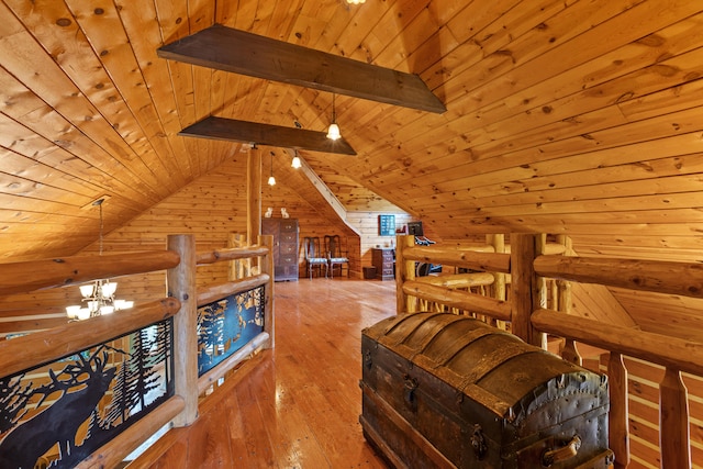 1836 Red Lick Rd, Berea, KY 40403 - corridor featuring wooden ceiling, a chandelier, hardwood / wood-style flooring, vaulted ceiling, and wooden walls