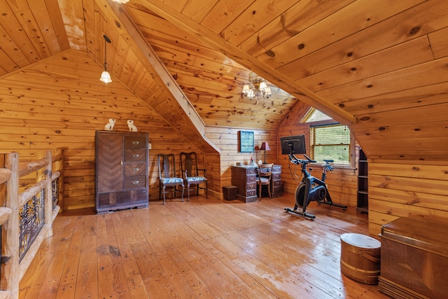1836 Red Lick Rd, Berea, KY 40403 - workout area featuring vaulted ceiling, wood-type flooring, wooden walls, and wood ceiling